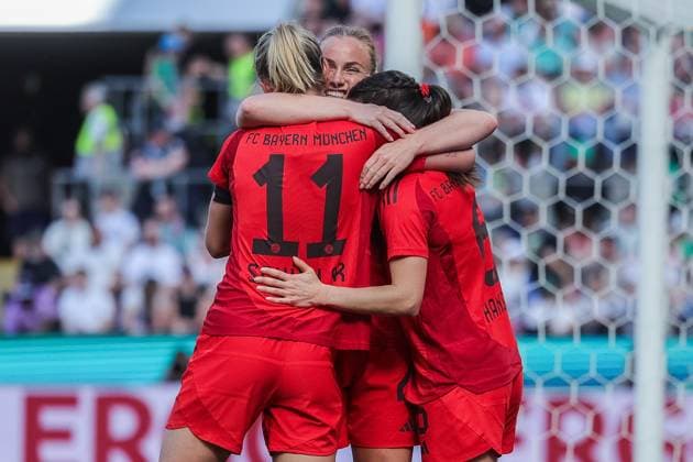 Soccer DFB Cup Womens Final FC Bayern Munich SV Werder Bremen on 01 05 2025 at RheinEnergieStadion in Cologne Goal celebration for 3 1 by Lea Schüller Munich DFB regulations prohibit any use of photographs as image sequences and or quasi video xJRx