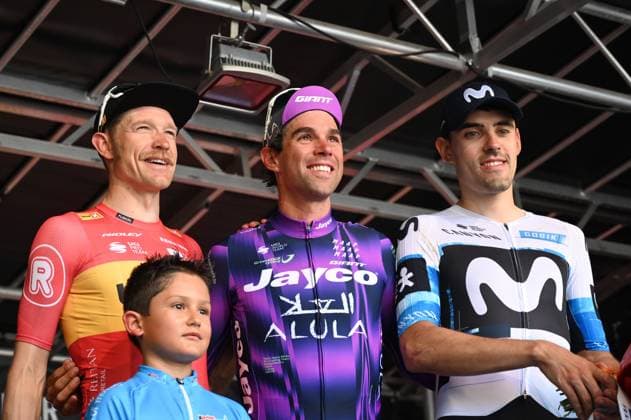01 05 2025, xhfmx, Radsport Radklassiker 2025, Frankfurt Eschborn f l second-placed Magnus Cort Uno X Mobility , winner Michael Matthews Team Jayco AlUla and third-placed Jon Barrenetxea Golzarri Movistar Team on the podium DFL DFB REGULATIONS PROHIBIT ANY USE OF PHOTOGRAPHS as IMAGE SEQUENCES and or QUASI VIDEO Frankfurt am Main