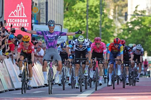 Finish picture, Michael Matthews, AUS Team Jayco Alula Jay AUS wins ahead of Magnus Cort DEN Team Uno x Mobility UXM NOR and Jon Barrenetxea ESP Team Movistar MOV ESP , RADSPORT Rennen Eschborn Frankfurt der Radklassiker , 01 05 2025, Cycling 1 May,