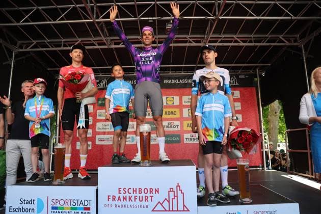 Award ceremony , 1st place Michael Matthews, AUS Team Jayco Alula Jay AUS wins ahead of 2nd place Magnus Cort DEN Team Uno x Mobility UXM NOR and 3rd place Jon Barrenetxea ESP Team Movistar MOV ESP , RADSPORT Rennen Eschborn Frankfurt der Radklassiker , 01 05 2025, Cycling 1 May,