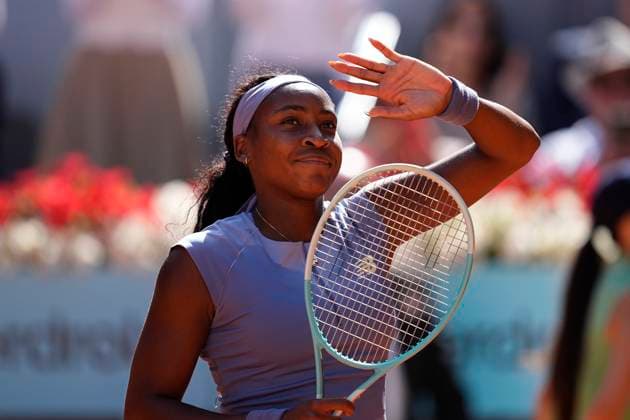 May 1, 2025, Madrid, Madrid, Spain: Coco Gauff of USA reacts after winning against Iga Swiatek of Poland during the Mutua Madrid Open 2025, ATP, Tennis Herren Masters 1000 and WTA, Tennis Damen 1000 tennis tournament, celebrated at Caja Magica on May 01, 2025 in Madrid, Spain. Madrid Spain - ZUMAa181 20250501_zaa_a181_109 Copyright: xOscarxJ.xBarrosox