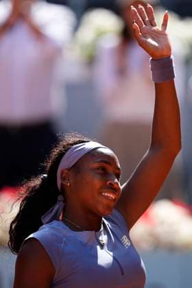 May 1, 2025, Madrid, Madrid, Spain: Coco Gauff of USA reacts after winning against Iga Swiatek of Poland during the Mutua Madrid Open 2025, ATP, Tennis Herren Masters 1000 and WTA, Tennis Damen 1000 tennis tournament, celebrated at Caja Magica on May 01, 2025 in Madrid, Spain. Madrid Spain - ZUMAa181 20250501_zaa_a181_110 Copyright: xOscarxJ.xBarrosox