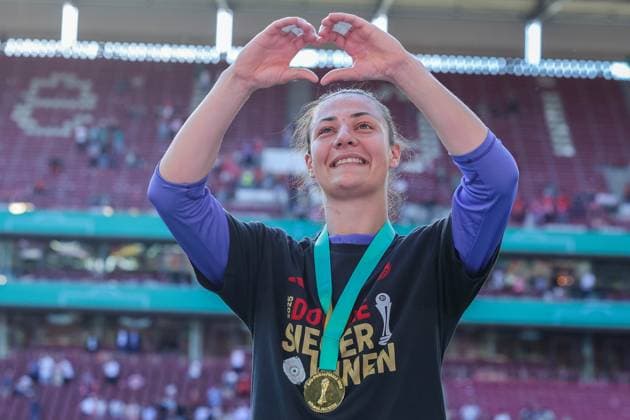 Soccer DFB Cup Womens Final FC Bayern Munich SV Werder Bremen on 01 05 2025 at RheinEnergieStadion in Cologne Maria Luisa Grohs Munich celebrates DFB regulations prohibit any use of photographs as image sequences and or quasi video xJRx
