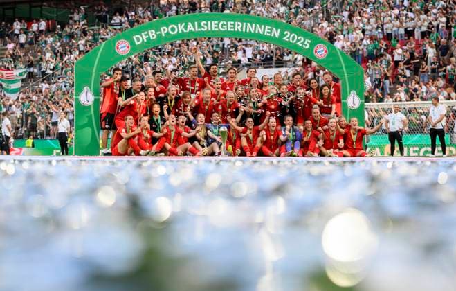 Award ceremony, cheering Team M with the trophy, team, DFB Pokal Final Women 2025, FC Bayern Muenchen M SV Werder Bremen HB , on 01 05 2025 in Cologne Germany DFB regulations prohibit any use of photographs as image sequences and or quasi video Â