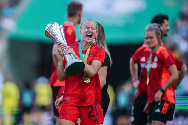 Soccer DFB Cup Womens Final FC Bayern Munich SV Werder Bremen on 01 05 2025 at RheinEnergieStadion in Cologne Pernille Harder Munich holds the cup celebrates DFB regulations prohibit any use of photographs as image sequences and or quasi video xJRx