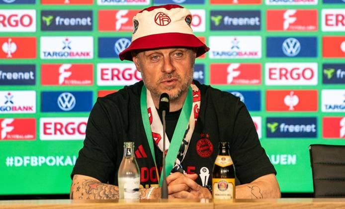 1 5 2025, Football, GER, Women, DFB Cup, Season 2024 2025,Final, FC Bayern Munich SV Werder Bremen Coach Alexander Straus FC Bayern Munich at the press conference after the match Cologne RheinenergieSTADION North Rhine-Westphalia Germany