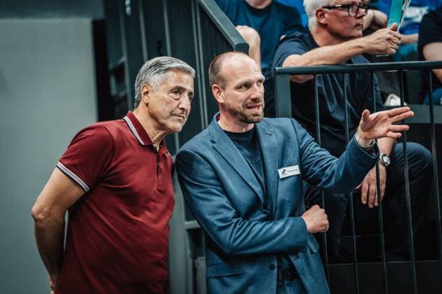 Volleyball Men Season 2024 2025 1 Volleyball Bundesliga Men Final SVG Lüneburg vs BERLIN RECYCLING Volleys 01 05 2025 v l Kaweh Niroomand Managing Director BR Volleys In conversation with Matthias Pompe Manager SVG Lüneburg Lüneburg LKH Arena Niedersachsen Germany