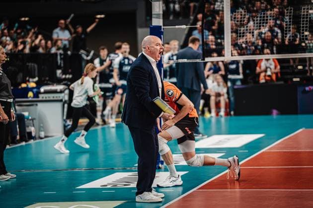 Volleyball Men Season 2024 2025 1 Volleyball Bundesliga Men Final SVG Lüneburg vs BERLIN RECYCLING Volleys 01 05 2025 Outcry from coach Joel Gregory Banks Berlin Recycling Volleys Lüneburg LKH Arena Niedersachsen Germany