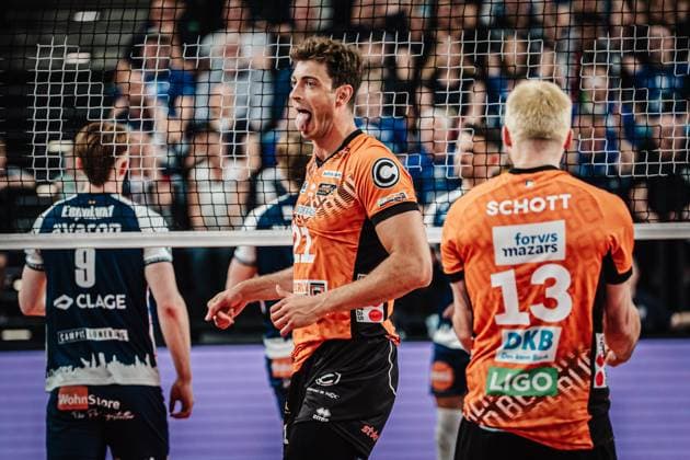 Volleyball Men Season 2024 2025 1 Volleyball Bundesliga Men Final SVG Lüneburg vs BERLIN RECYCLING Volleys 01 05 2025 Tobias Krick 21, Berlin Recycling Volleys gets angry and sticks out his tongue Lüneburg LKH Arena Niedersachsen Germany