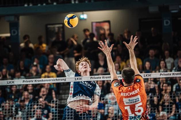 Volleyball Men Season 2024 2025 1 Volleyball Bundesliga Men Final SVG Lüneburg vs BERLIN RECYCLING Volleys 01 05 2025 Attack by Oskar Alve Espeland 9, SVG Lüneburg Lüneburg LKH Arena Niedersachsen Germany