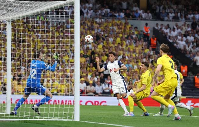 London, England, 1st May 2025. Brennan Johnson of Tottenham Hotspur scores the opening goal during the Tottenham Hotspur vs FK Bodo Glimt UEFA Europa League match at the Tottenham Hotspur Stadium, London. Picture credit should read: Paul Terry Sportimage EDITORIAL USE ONLY. No use with unauthorised audio, video, data, fixture lists, club league logos or live services. Online in-match use limited to 120 images, no video emulation. No use in betting, games or single club league player publications. SPI_014_PT_Tottenham_Bodo_Glimt SPI-3902-0014