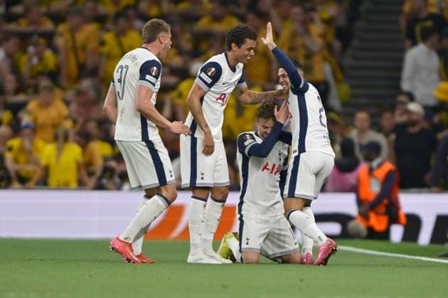 Spurs vs Bodo Glimt Europa League GOAL Brennan Johnson of Tottenham Hotspur celebrates his goal and Spurs second with Pedro Porro during the Spurs vs Bodo Glimt UEFA Europa League Semi-Final 1st leg tie at the Tottenham Hotspur Stadium London. London Tottenham Hotspur Stadium UK Copyright: xMartinxDaltonx Spurs_vs_Bodo_Glimt_010525_MD_017
