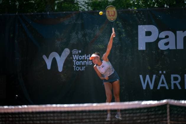 01 05 2025, GER, Women, ITF World Tennis Tour Wiesbaden Tennis Open Round of Last 16 Singles Darja Semenistaja LAT during the service game Wiesbaden Nordenstadt T2 Sports Health Club Hessen Germany