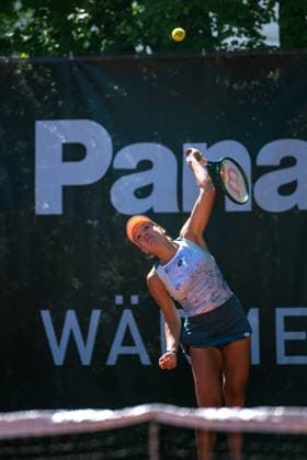 01 05 2025, GER, Women, ITF World Tennis Tour Wiesbaden Tennis Open Round of Last 16 Singles Darja Semenistaja LAT during the service game Wiesbaden Nordenstadt T2 Sports Health Club Hessen Germany