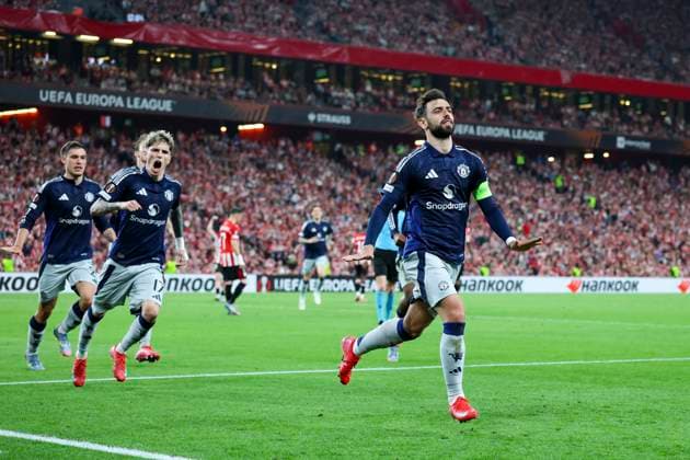 Athletic Club Bilbao v Manchester United, ManU FC, Manchester United midfielder Bruno Fernandes (8) scores a GOAL 0-2 penalty during the Athletic Club Bilbao v Manchester United FC UEFA Europa League Cup Semi-Final 1st Leg match at the Estadio de San MamÃ s, Bilbao, Spain on 1 May 2025 Credit: Phil Duncan Every Second Media Editorial use only. All images are copyright Every Second Media Limited. No images may be reproduced without prior permission. Copyright: xIMAGO EveryxSecondxMediax ESM-1453-0020 PhilxDuncanx xEveryxSecondxMediax