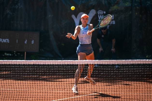 01 05 2025, GER, Women, ITF World Tennis Tour Wiesbaden Tennis Open Round of Last 16 Singles Darja Semenistaja LAT during the match Wiesbaden Nordenstadt T2 Sports Health Club Hessen Germany