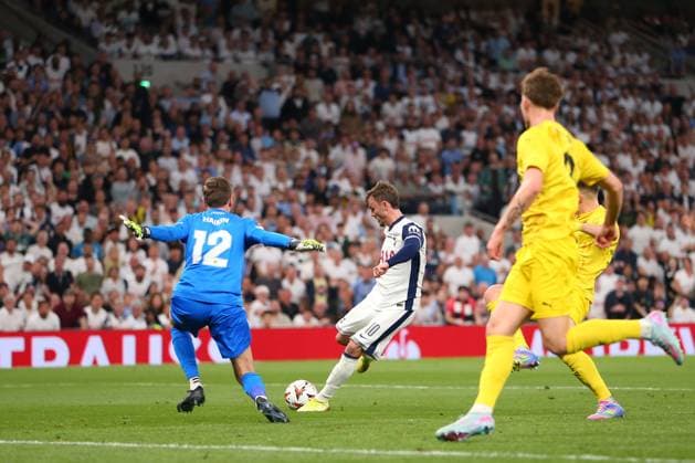 1st May 2025; Tottenham Hotspur Stadium, London, England; UEFA Europa League Semi Final First Leg Football, Tottenham Hotspur versus Bodo Glimt; James Maddison of Tottenham Hotspur shoots and scores in the 34th minute for 2-0  ActionPlus12780469 KatiexChan