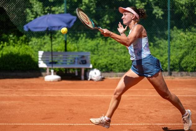 01 05 2025, GER, Women, ITF World Tennis Tour Wiesbaden Tennis Open Round of Last 16 Singles Darja Semenistaja LAT during the match Wiesbaden Nordenstadt T2 Sports Health Club Hessen Germany
