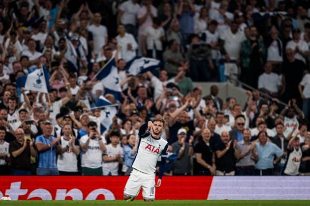 250501 James Maddison of Tottenham celebrates after scoring the 2 0 goal during the UEFA Europa League semi final football match between Tottenham and Bodo Glimt on May 1, 2025 in London Photo Marius Simensen BILDBYRAN COP 238 MM0042 bbeng bodo glimt football fotball fotboll jubel semi final semifinale soccer spurs tottenham tottenham hotspur fc uefa europa league  Copyright: MARIUSxSIMENSEN BB250501BB699