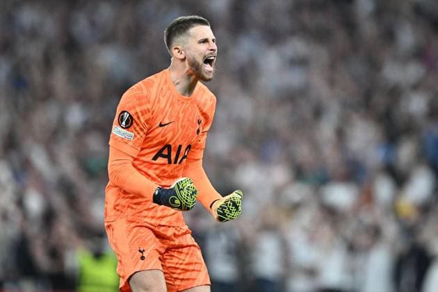 LONDON, ENGLAND - MAY 1: Guglielmo Vicario goal celebration during the UEFA Europa League 2024 25 Semi Final First Leg match between Tottenham Hotspur and FK Bodo Glimt at Tottenham Hotspur Stadium on May 1, 2025 in London, England. Photo by Sebastian Frej Tottenham Hotspur v FK Bodo Glimt - UEFA Europa League 2024 25 Semi Final First Leg Copyright: xSebastianxFrejx