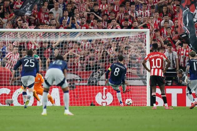 Athletic Club Bilbao v Manchester United, ManU FC Manchester United midfielder Bruno Fernandes (8) scores a GOAL 0-2 penalty during the Athletic Club Bilbao v Manchester United FC UEFA Europa League Cup Semi-Final 1st Leg match at the Estadio de San MamÃ s, Bilbao, Basque Country, Spain on 1 May 2025 Credit: Eleanor Hoad Every Second Media Editorial use only. All images are copyright Every Second Media Limited. No images may be reproduced without prior permission. Copyright: xIMAGO EveryxSecondxMediax ESM-1454-0031 EleanorxHoadx xEveryxSecondxMediax