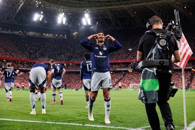 Casemiro seen celebrating after scoring goal during UEFA Europa League semifinal game between teams of Athletic Club and Manchester United, ManU FC (Maciej Rogowski) Bilbao Estadio San Mames Spain Copyright: xMaciejxRogowskix athleticmanu2425-7