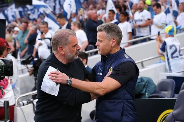 1st May 2025; Tottenham Hotspur Stadium, London, England; UEFA Europa League Semi Final First Leg Football, Tottenham Hotspur versus Bodo Glimt; Tottenham Hotspur manager Ange Postecoglou greets Bodo Glimt manager Kjetil Knutsen  ActionPlus12780584 KatiexChan