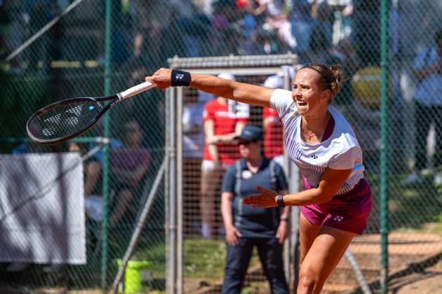 01 05 2025, GER, Women, ITF World Tennis Tour Wiesbaden Tennis Open Round of Last 16 Singles Hanne Vandewinkel BEL during the match Wiesbaden Nordenstadt T2 Sports Health Club Hessen Germany