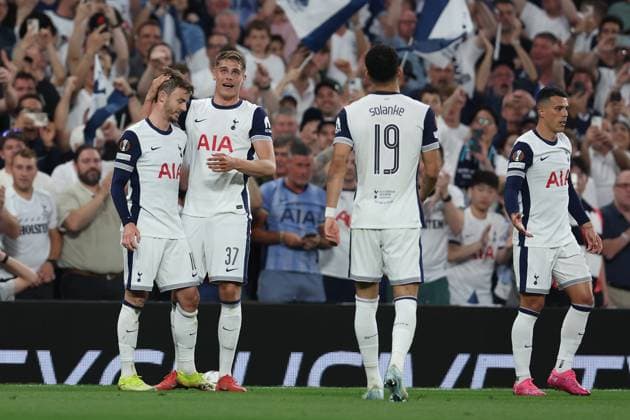 London, England, 1st May 2025. James Maddison of Tottenham Hotspur celebrates after scoring to make it 2-0 during the Tottenham Hotspur vs FK Bodo Glimt UEFA Europa League match at the Tottenham Hotspur Stadium, London. Picture credit should read: Paul Terry Sportimage EDITORIAL USE ONLY. No use with unauthorised audio, video, data, fixture lists, club league logos or live services. Online in-match use limited to 120 images, no video emulation. No use in betting, games or single club league player publications. SPI_026_PT_Tottenham_Bodo_Glimt SPI-3902-0026