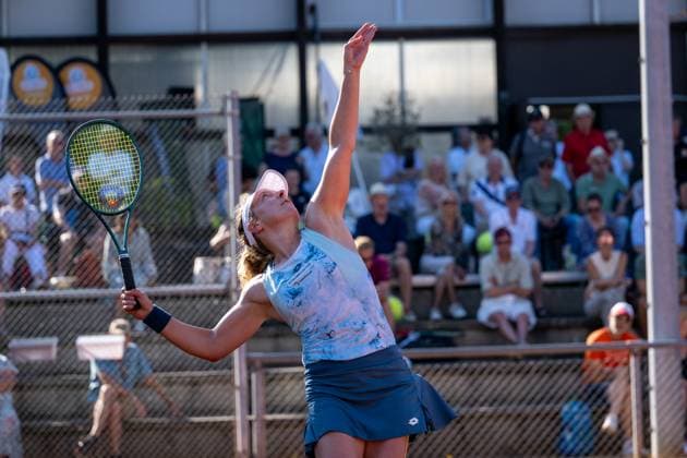 01 05 2025, GER, Women, ITF World Tennis Tour Wiesbaden Tennis Open Round of Last 16 Singles Anna Lena Friedsam GER during service game Wiesbaden Nordenstadt T2 Sports Health Club Hessen Germany