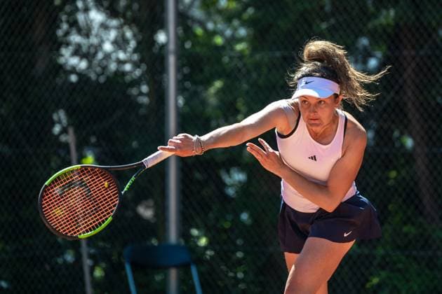 01 05 2025, GER, Women, ITF World Tennis Tour Wiesbaden Tennis Open Quarterfinals Doubles Jesika Maleckova CZE during the match Wiesbaden Nordenstadt T2 Sports Health Club Hessen Germany