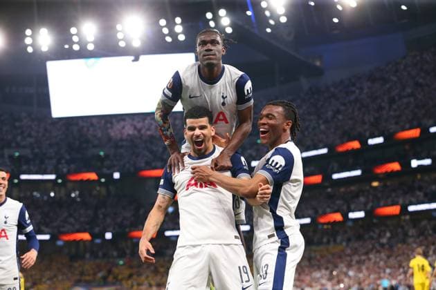 1st May 2025; Tottenham Hotspur Stadium, London, England; UEFA Europa League Semi Final First Leg Football, Tottenham Hotspur versus Bodo Glimt; Dominic Solanke of Tottenham Hotspur celebrates his goal from a penalty kick in the 61st minute for 3-0  ActionPlus12780611 KatiexChan