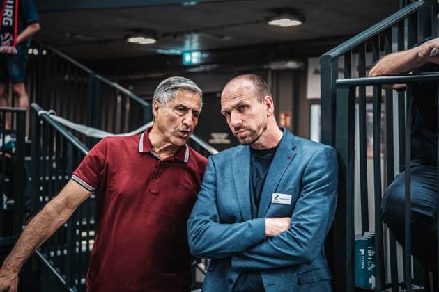 Volleyball Men Season 2024 2025 Volleyball Bundesliga Playoff Final Game 2 SVG Lüneburg vs BR Volleys 01 05 2025 Kaweh Niroomand Managing Director BERLIN RECYCLING Volleys in conversation with Matthias Pompe Manager SVG Lüneburg Lüneburg LKH Arena Niedersachsen Germany