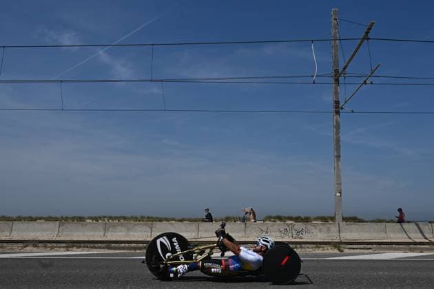 Venezuelan Richard Leandro Espinoza Balza pictured in action during the time trials at the UCI Para-Cycling Road World Cup event, Thursday 01 May 2025, in Oostende. The UCI Para-Cycling Road World Cup takes place from 01 to 04 May in Oostende and Brugge. LUCxCLAESSEN  x122387095x