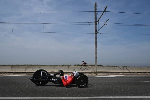 Norwegian Christian Gyldenohr pictured in action during the time trials at the UCI Para-Cycling Road World Cup event, Thursday 01 May 2025, in Oostende. The UCI Para-Cycling Road World Cup takes place from 01 to 04 May in Oostende and Brugge. LUCxCLAESSEN  x122387135x
