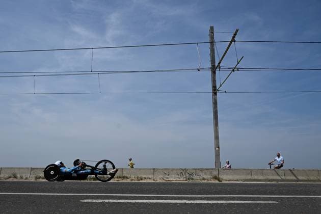 Belgian Jean-Francois Deberg pictured in action during the time trials at the UCI Para-Cycling Road World Cup event, Thursday 01 May 2025, in Oostende. The UCI Para-Cycling Road World Cup takes place from 01 to 04 May in Oostende and Brugge. LUCxCLAESSEN  x122387136x