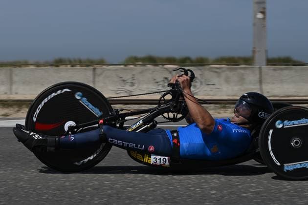 Italian Davide Cortini pictured in action during the time trials at the UCI Para-Cycling Road World Cup event, Thursday 01 May 2025, in Oostende. The UCI Para-Cycling Road World Cup takes place from 01 to 04 May in Oostende and Brugge. LUCxCLAESSEN  x122387143x