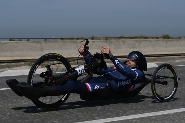 French Johan Quaile pictured in action during the time trials at the UCI Para-Cycling Road World Cup event, Thursday 01 May 2025, in Oostende. The UCI Para-Cycling Road World Cup takes place from 01 to 04 May in Oostende and Brugge. LUCxCLAESSEN  x122387147x