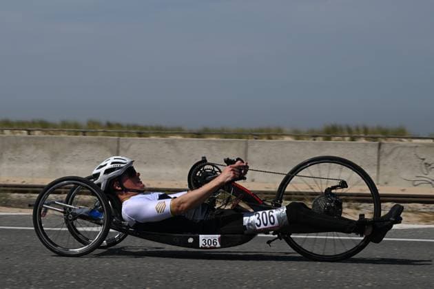 Belgian Jerome Wouters pictured in action during the time trials at the UCI Para-Cycling Road World Cup event, Thursday 01 May 2025, in Oostende. The UCI Para-Cycling Road World Cup takes place from 01 to 04 May in Oostende and Brugge. LUCxCLAESSEN  x122387167x