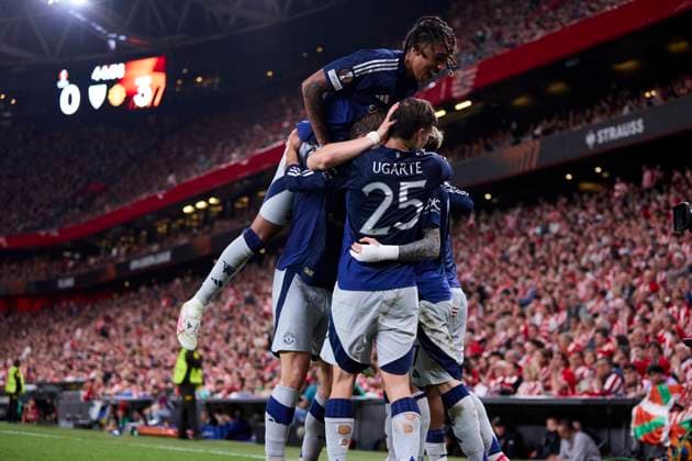 May 1, 2025, Bilbao, Vizcaya, SPAIN: Bruno Fernandes of Manchester United, ManU celebrates after scoring goal during the UEFA Europa League 2024 25 Semi Final First Leg match between Athletic Club and Manchester United at San Mames on May 1, 2025, in Bilbao, Spain. Bilbao SPAIN - ZUMAa181 20250501_zaa_a181_211 Copyright: xRicardoxLarreinax