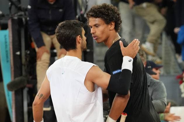 TENNIS - MUTUA MADRID OPEN 2025 Laurent Lairys MAXPPP - Lorenzo Musetti of Italia and Gabriel Diallo of Canada during the Mutua Madrid Open 2025, ATP, Tennis Herren Masters 1000 and WTA, Tennis Damen 1000, tennis tournament on 01 May 2025 at Caja Magica in Madrid, Spain - Photo Laurent Lairys MAXPPP Madrid Spain  Copyright: xMAXPPPxLaurentxLairysx LLR202505018766 LLR202505018766