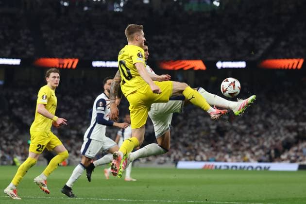 London, England, 1st May 2025. Cristian Romero of Tottenham Hotspur is fouled by Fredrik Sjovold of Bodo Glimt and wins a penalty during the Tottenham Hotspur vs FK Bodo Glimt UEFA Europa League match at the Tottenham Hotspur Stadium, London. Picture credit should read: Paul Terry Sportimage EDITORIAL USE ONLY. No use with unauthorised audio, video, data, fixture lists, club league logos or live services. Online in-match use limited to 120 images, no video emulation. No use in betting, games or single club league player publications. SPI_050_PT_Tottenham_Bodo_Glimt SPI-3902-0050