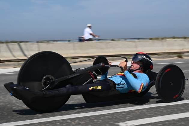 Unidentified Belgian cyclist pictured in action during the time trials at the UCI Para-Cycling Road World Cup event, Thursday 01 May 2025, in Oostende. The UCI Para-Cycling Road World Cup takes place from 01 to 04 May in Oostende and Brugge. LUCxCLAESSEN  x122390432x