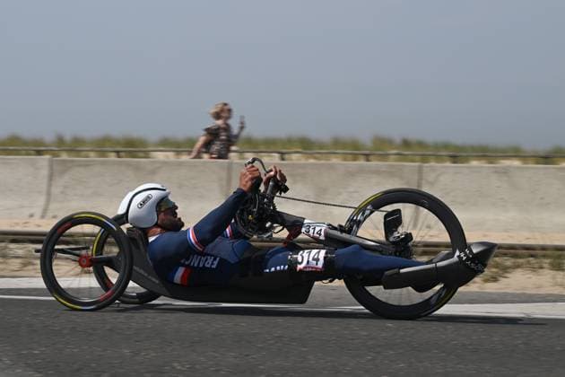 French Riadh Tarsim pictured in action during the time trials at the UCI Para-Cycling Road World Cup event, Thursday 01 May 2025, in Oostende. The UCI Para-Cycling Road World Cup takes place from 01 to 04 May in Oostende and Brugge. LUCxCLAESSEN  x122390439x
