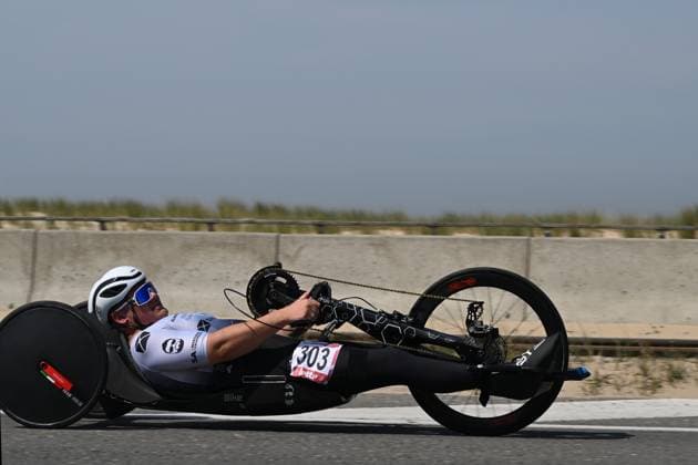 Belgian Staf Mertens pictured in action during the time trials at the UCI Para-Cycling Road World Cup event, Thursday 01 May 2025, in Oostende. The UCI Para-Cycling Road World Cup takes place from 01 to 04 May in Oostende and Brugge. LUCxCLAESSEN  x122390441x
