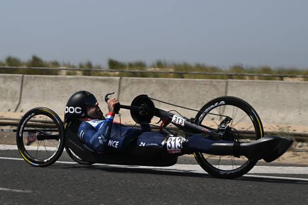 French Johan Quaile pictured in action during the time trials at the UCI Para-Cycling Road World Cup event, Thursday 01 May 2025, in Oostende. The UCI Para-Cycling Road World Cup takes place from 01 to 04 May in Oostende and Brugge. LUCxCLAESSEN  x122390450x