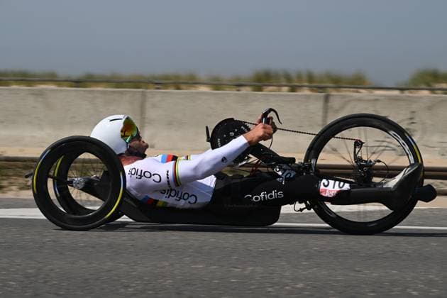 French Mathieu Bosredon pictured in action during the time trials at the UCI Para-Cycling Road World Cup event, Thursday 01 May 2025, in Oostende. The UCI Para-Cycling Road World Cup takes place from 01 to 04 May in Oostende and Brugge. LUCxCLAESSEN  x122390473x