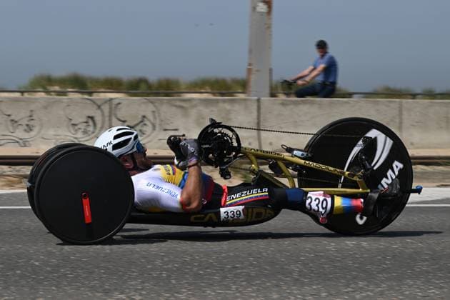 Venezuelan Richard Leandro Espinoza Balza pictured in action during the time trials at the UCI Para-Cycling Road World Cup event, Thursday 01 May 2025, in Oostende. The UCI Para-Cycling Road World Cup takes place from 01 to 04 May in Oostende and Brugge. LUCxCLAESSEN  x122390475x