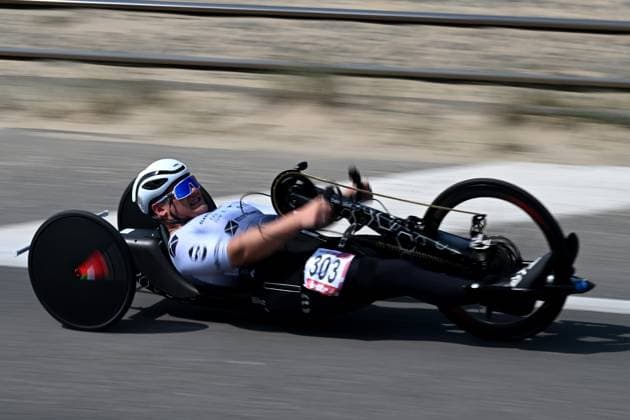 Belgian Staf Mertens pictured in action during the time trials at the UCI Para-Cycling Road World Cup event, Thursday 01 May 2025, in Oostende. The UCI Para-Cycling Road World Cup takes place from 01 to 04 May in Oostende and Brugge. LUCxCLAESSEN  x122390505x