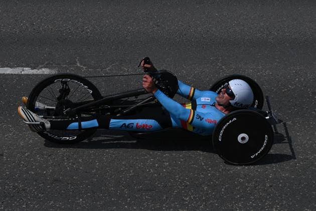 Belgian Jean-Francois Deberg pictured in action during the time trials at the UCI Para-Cycling Road World Cup event, Thursday 01 May 2025, in Oostende. The UCI Para-Cycling Road World Cup takes place from 01 to 04 May in Oostende and Brugge. LUCxCLAESSEN  x122390511x